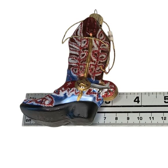 Cowboy Boot Christmas Ornament Blown Glass Brown Blue Red White Western 4x3 - Picture 7 of 8